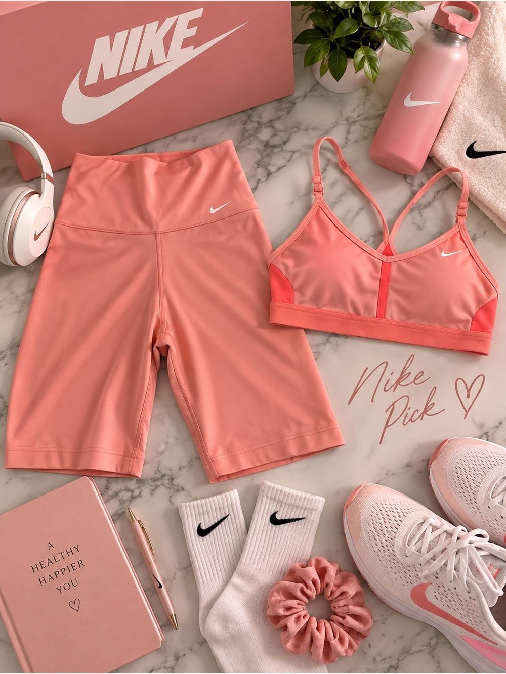 Nike Coral-Pink Sports Bralette and Bike Shorts Set